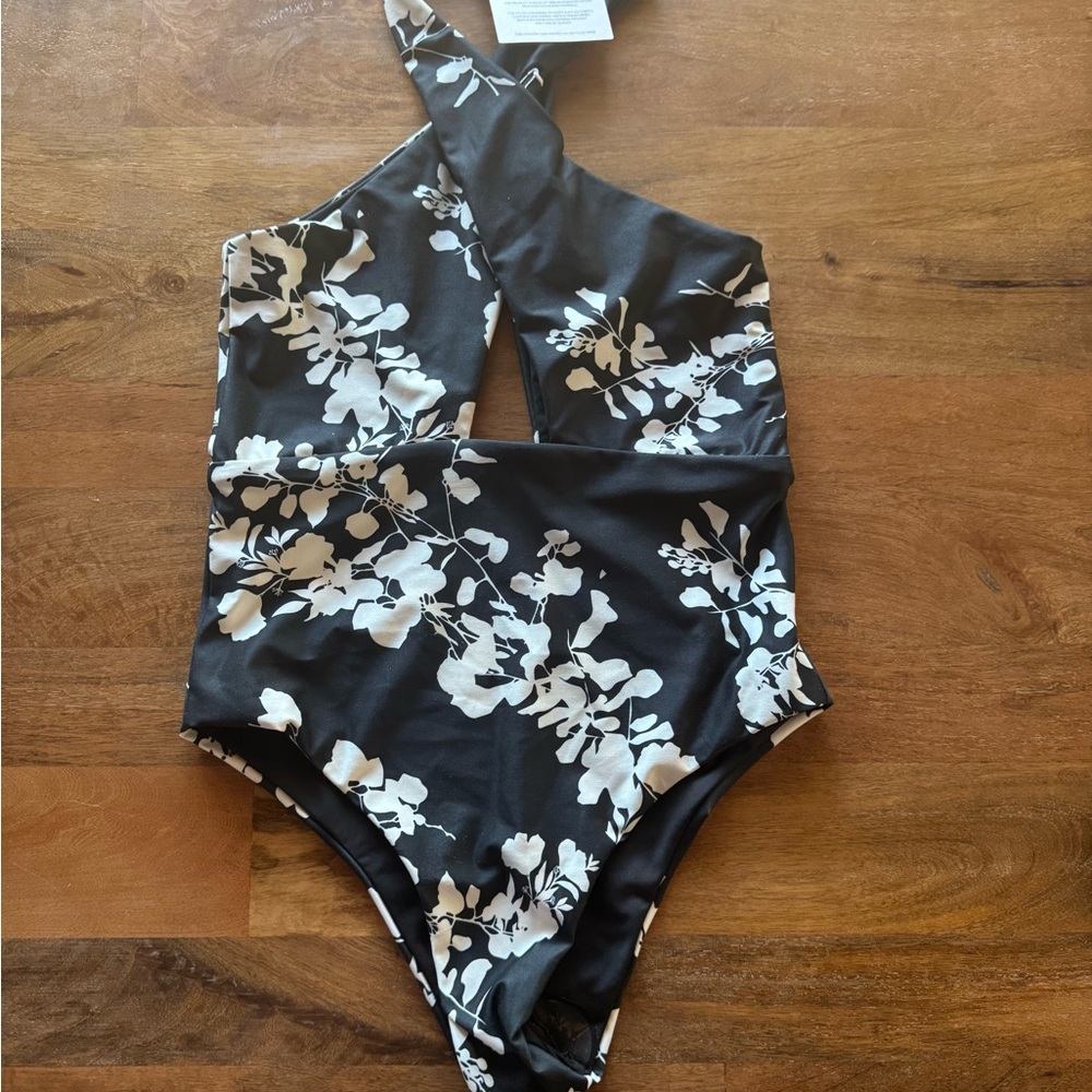 Black and White Floral One Piece Swimsuit by Carolina K - Medium